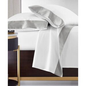 Hudson Park 600TC Sateen Cuff Percale Queen Flat Sheet White/Silver - NWT $195